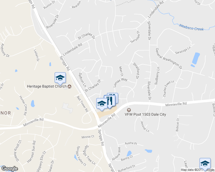 map of restaurants, bars, coffee shops, grocery stores, and more near 5433 Staples Lane in Woodbridge