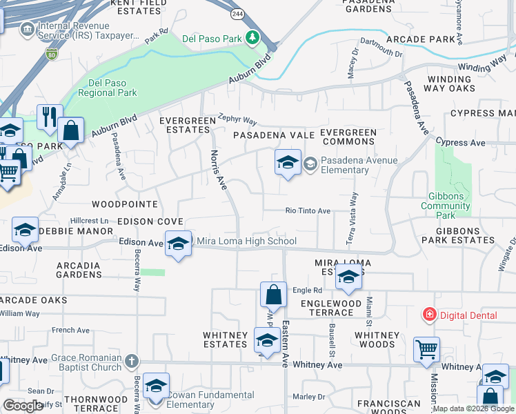 map of restaurants, bars, coffee shops, grocery stores, and more near 3835 Spencer Way in Sacramento