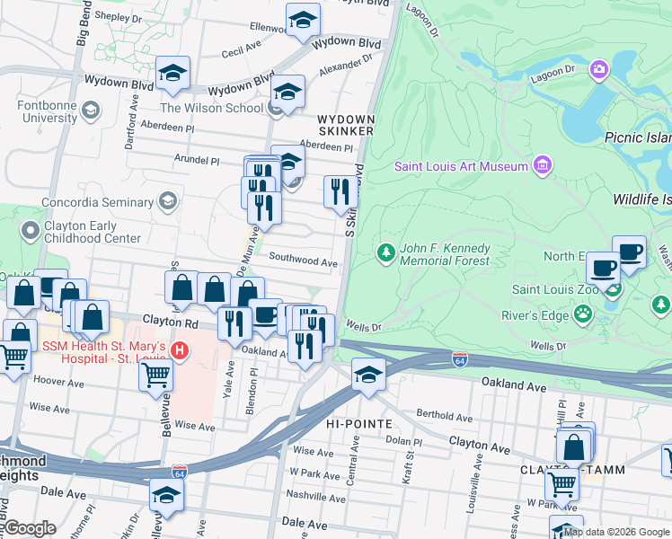 map of restaurants, bars, coffee shops, grocery stores, and more near 6211 San Bonita Avenue in St. Louis
