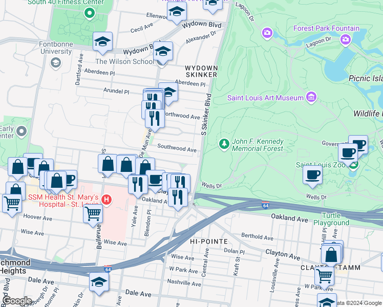 map of restaurants, bars, coffee shops, grocery stores, and more near 6211 San Bonita Avenue in St. Louis