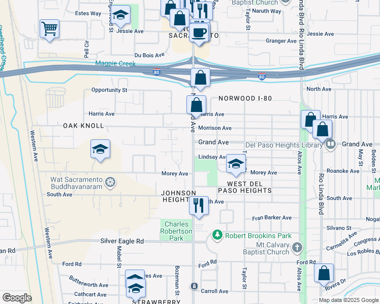 map of restaurants, bars, coffee shops, grocery stores, and more near 411 Lindsay Avenue in Sacramento