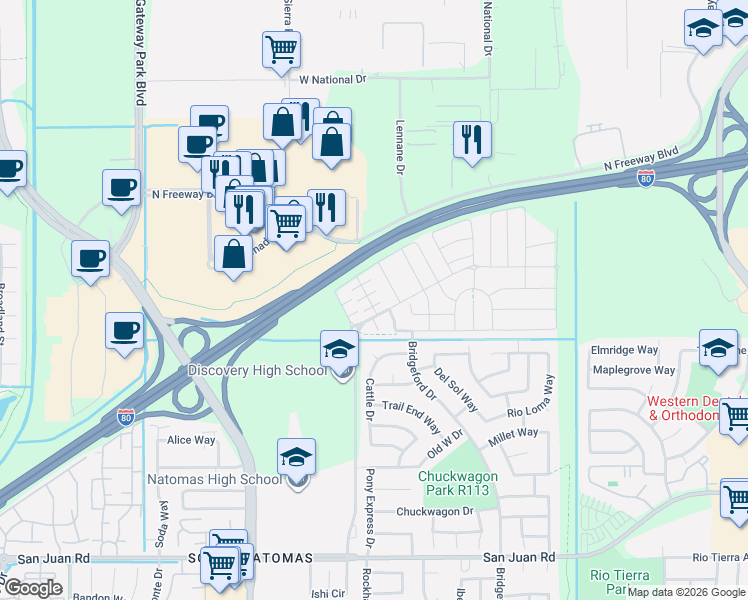 map of restaurants, bars, coffee shops, grocery stores, and more near 12 Ardenglen Court in Sacramento