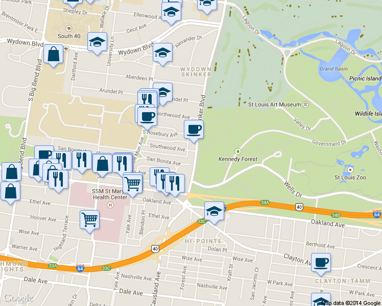 map of restaurants, bars, coffee shops, grocery stores, and more near 6211 San Bonita Avenue in St. Louis