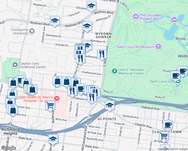 map of restaurants, bars, coffee shops, grocery stores, and more near 6300 San Bonita Avenue in Clayton