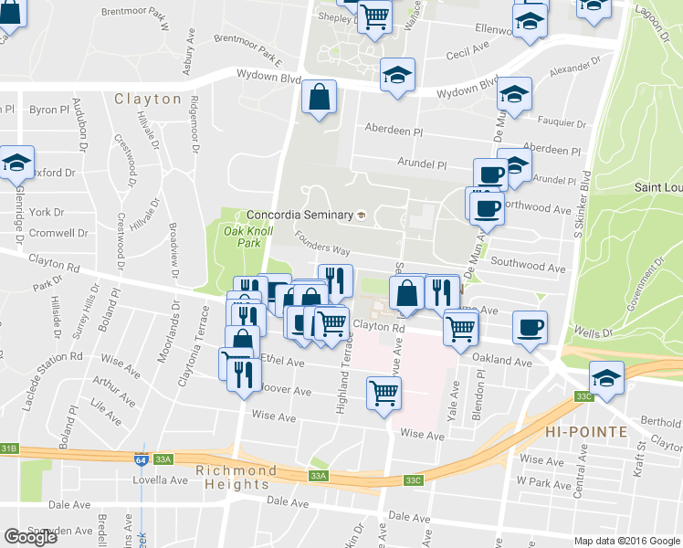 map of restaurants, bars, coffee shops, grocery stores, and more near 6625 Alamo Avenue in Clayton