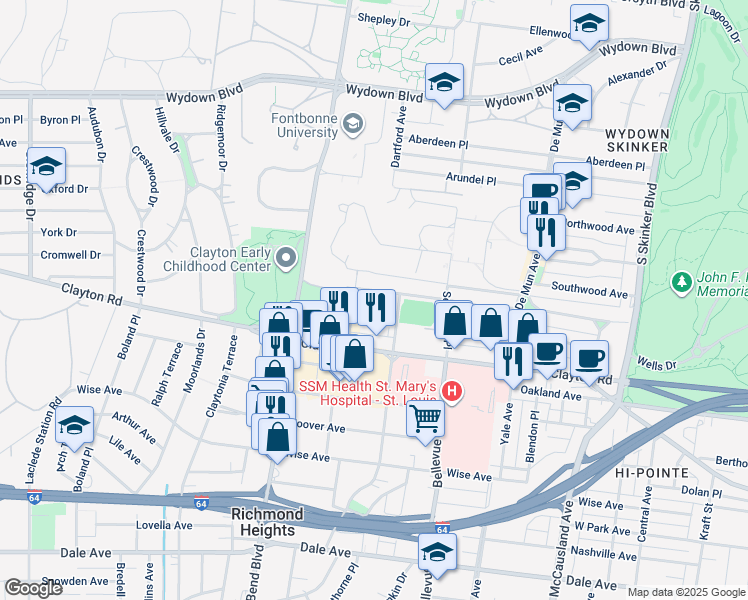map of restaurants, bars, coffee shops, grocery stores, and more near 6625 Alamo Avenue in Clayton