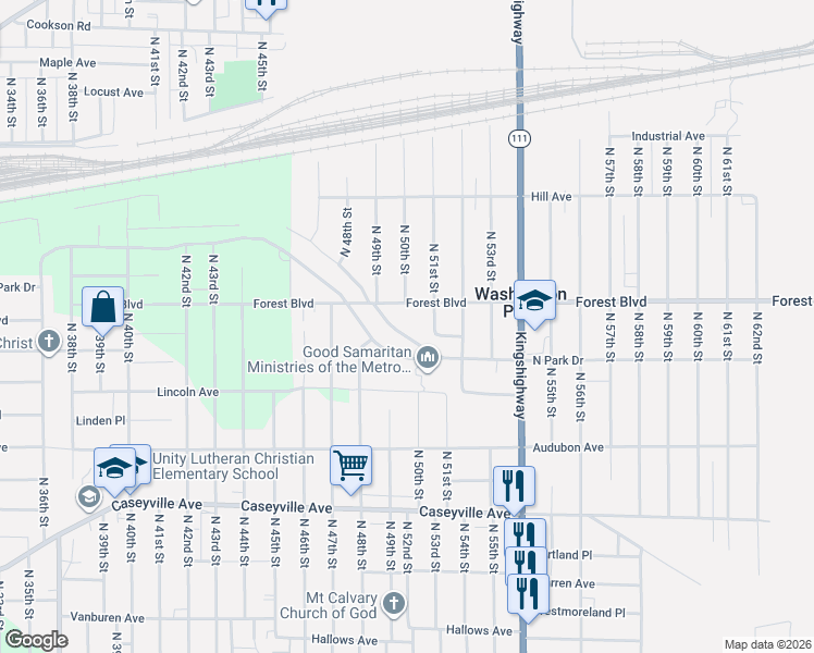 map of restaurants, bars, coffee shops, grocery stores, and more near 4921 North Park Drive in East St. Louis