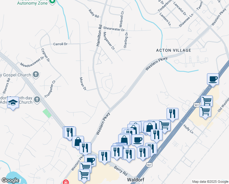 map of restaurants, bars, coffee shops, grocery stores, and more near 2810 Golden Gate Court in Waldorf