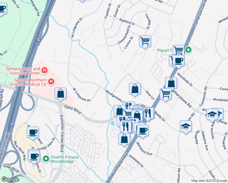 map of restaurants, bars, coffee shops, grocery stores, and more near 2003 Southampton Street in Woodbridge