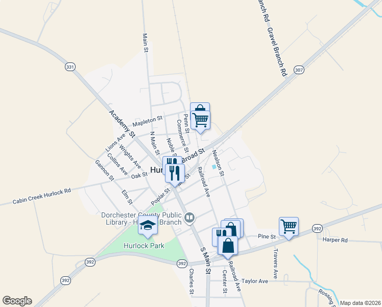 map of restaurants, bars, coffee shops, grocery stores, and more near 201 Maryland 307 in Hurlock