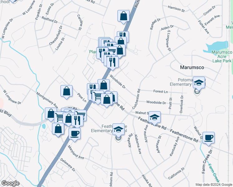 map of restaurants, bars, coffee shops, grocery stores, and more near 1655 Featherstone Gate Drive in Woodbridge