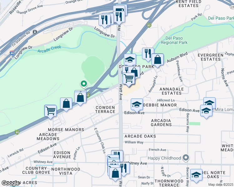 map of restaurants, bars, coffee shops, grocery stores, and more near 3911 Watt Avenue in Sacramento