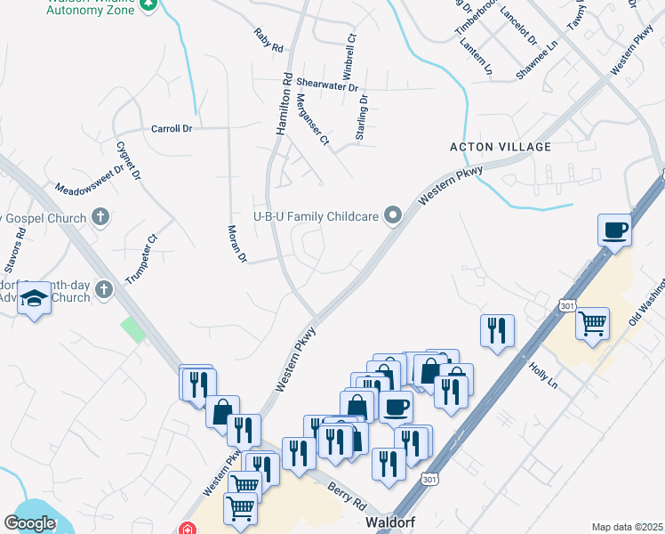 map of restaurants, bars, coffee shops, grocery stores, and more near 2814 Golden Gate Court in Waldorf
