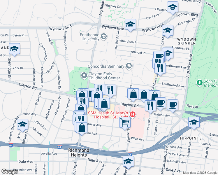 map of restaurants, bars, coffee shops, grocery stores, and more near 6625 Alamo Avenue in Clayton