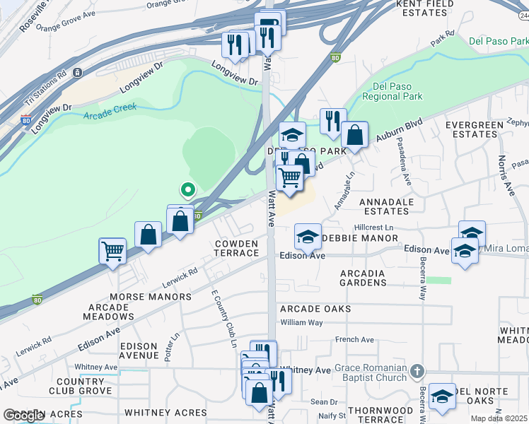 map of restaurants, bars, coffee shops, grocery stores, and more near 3901 Watt Avenue in Sacramento