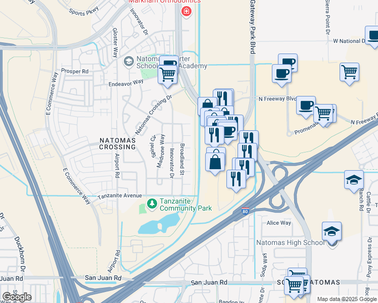 map of restaurants, bars, coffee shops, grocery stores, and more near 18 Rockrose Court in Sacramento