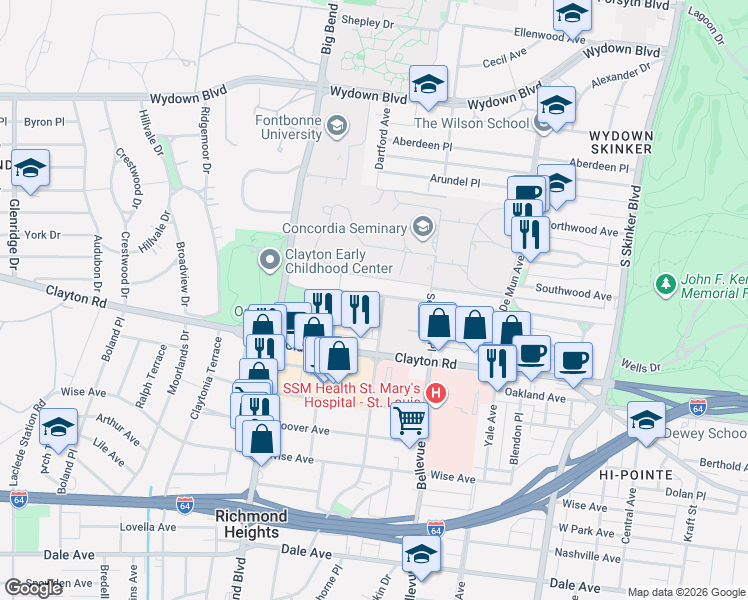 map of restaurants, bars, coffee shops, grocery stores, and more near 6625 Alamo Avenue in Clayton