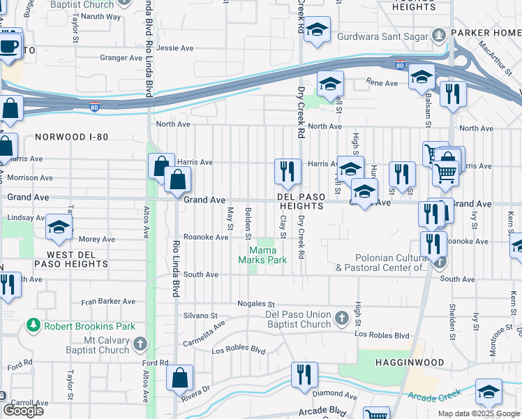 map of restaurants, bars, coffee shops, grocery stores, and more near 3716 Belden Street in Sacramento