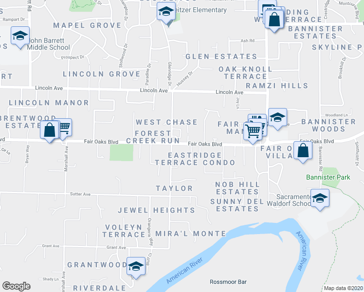 map of restaurants, bars, coffee shops, grocery stores, and more near 8732 Fair Oaks Boulevard in Carmichael