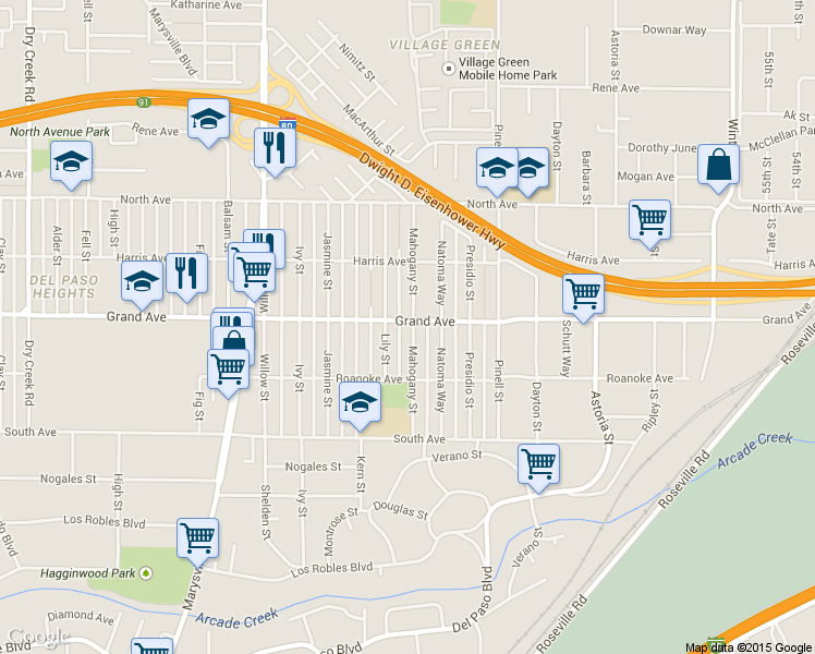 map of restaurants, bars, coffee shops, grocery stores, and more near 3725 Mahogany Street in Sacramento