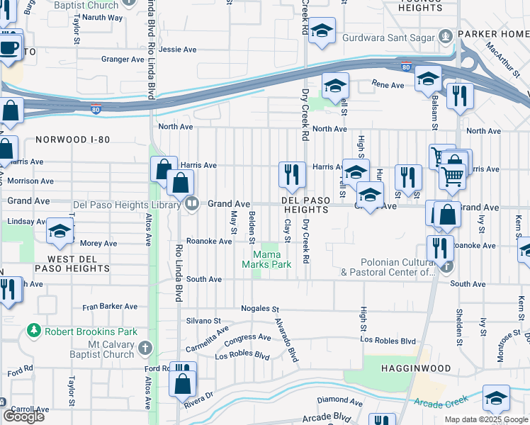 map of restaurants, bars, coffee shops, grocery stores, and more near 3716 Belden Street in Sacramento