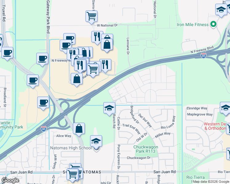 map of restaurants, bars, coffee shops, grocery stores, and more near Bridgegate Way in Sacramento