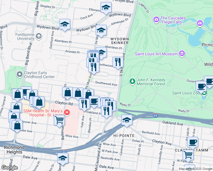 map of restaurants, bars, coffee shops, grocery stores, and more near 6300 San Bonita Avenue in Clayton