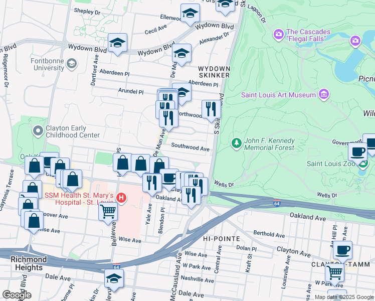map of restaurants, bars, coffee shops, grocery stores, and more near 6300 San Bonita Avenue in Clayton