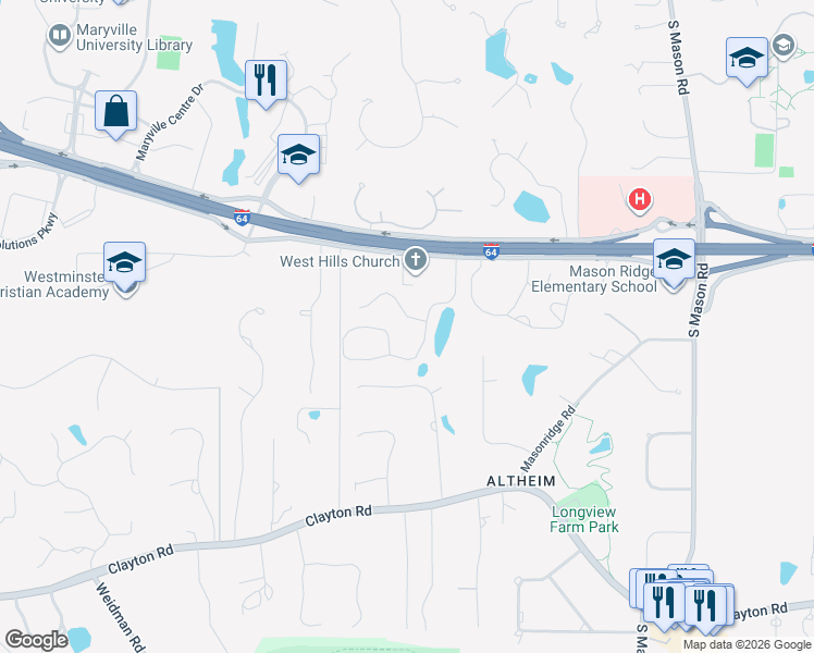 map of restaurants, bars, coffee shops, grocery stores, and more near 805 Fairfield Lake Drive in Chesterfield