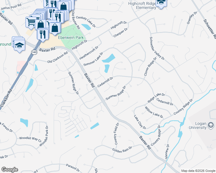 map of restaurants, bars, coffee shops, grocery stores, and more near 15668 Dresden Lake Court in Chesterfield