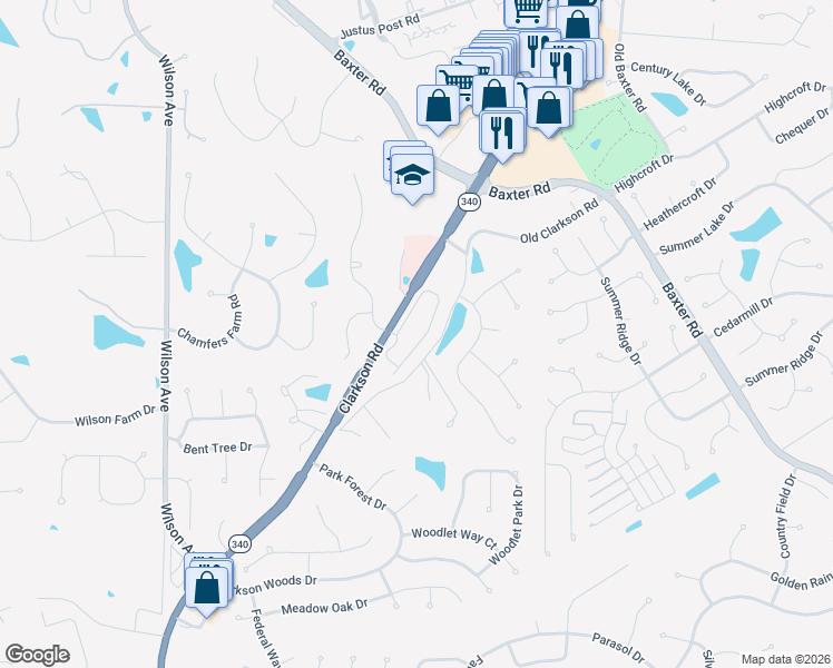 map of restaurants, bars, coffee shops, grocery stores, and more near 1990 Chesterfield Ridge Circle in Chesterfield