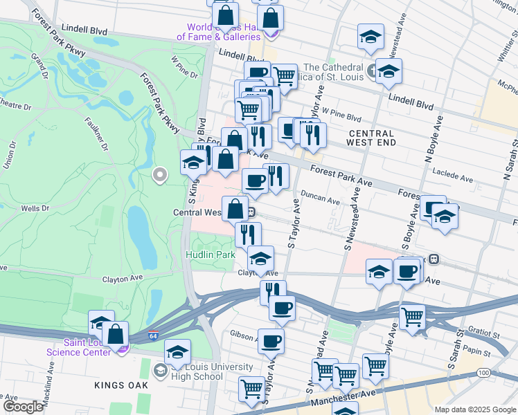 map of restaurants, bars, coffee shops, grocery stores, and more near 4590 Childrens Place in St. Louis
