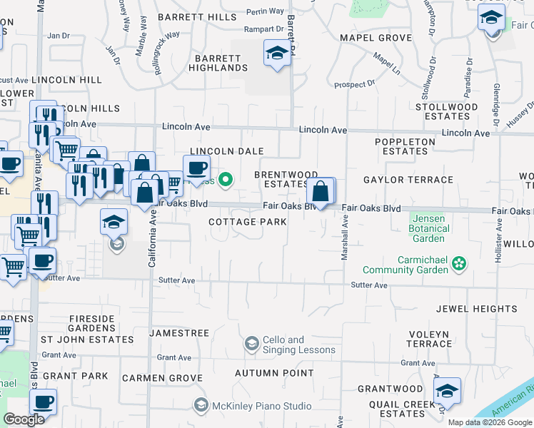 map of restaurants, bars, coffee shops, grocery stores, and more near 3984 Park Circle Lane in Carmichael