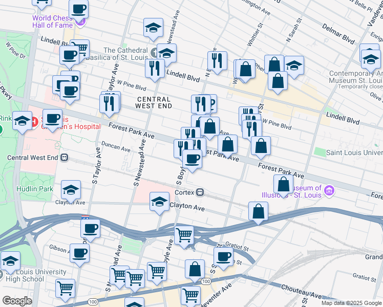 map of restaurants, bars, coffee shops, grocery stores, and more near 4260 Forest Park Avenue in St. Louis