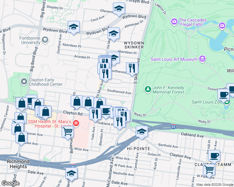 map of restaurants, bars, coffee shops, grocery stores, and more near 6300 Southwood Avenue in Clayton