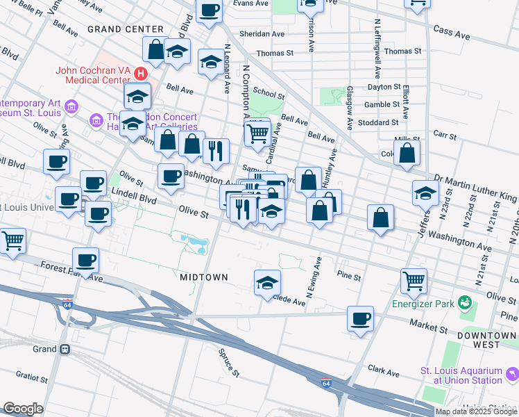 map of restaurants, bars, coffee shops, grocery stores, and more near in St. Louis