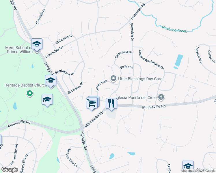map of restaurants, bars, coffee shops, grocery stores, and more near 14695 Cloyd Way in Woodbridge