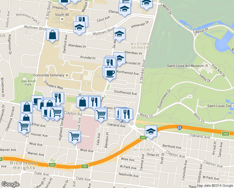 map of restaurants, bars, coffee shops, grocery stores, and more near 6337 Southwood Avenue in Clayton