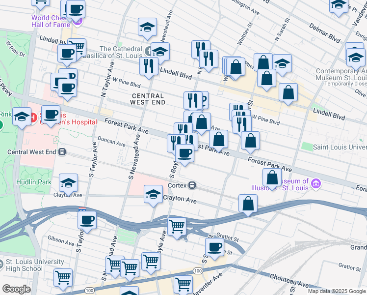 map of restaurants, bars, coffee shops, grocery stores, and more near 4260 Forest Park Avenue in St. Louis