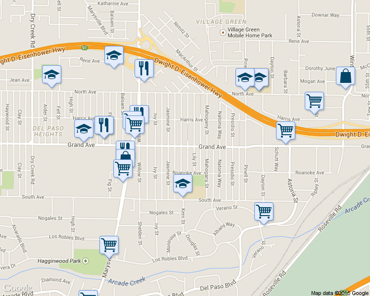 map of restaurants, bars, coffee shops, grocery stores, and more near 3814 Kern Street in Sacramento