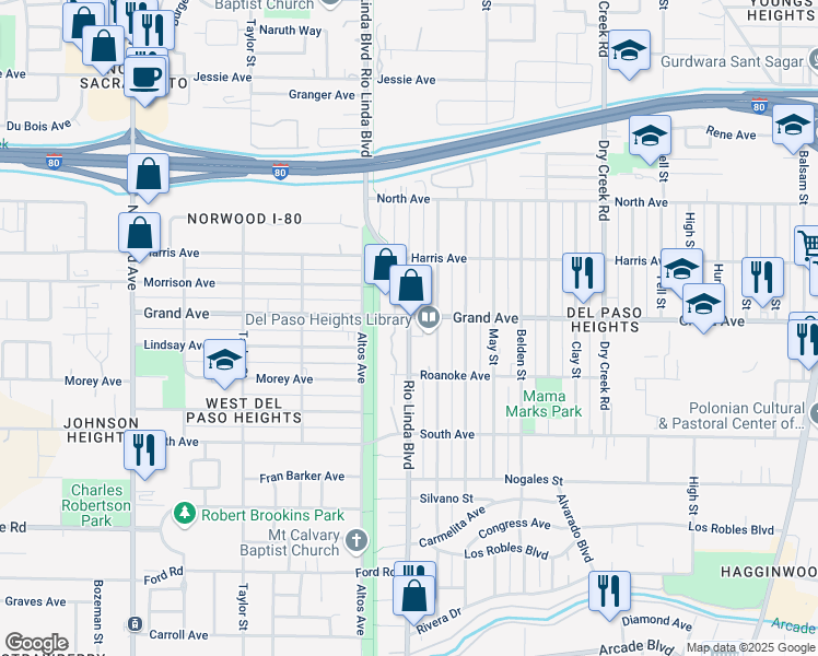 map of restaurants, bars, coffee shops, grocery stores, and more near 901 Grand Avenue in Sacramento