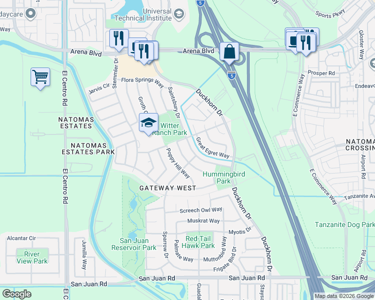 map of restaurants, bars, coffee shops, grocery stores, and more near 3038 Great Egret Way in Sacramento
