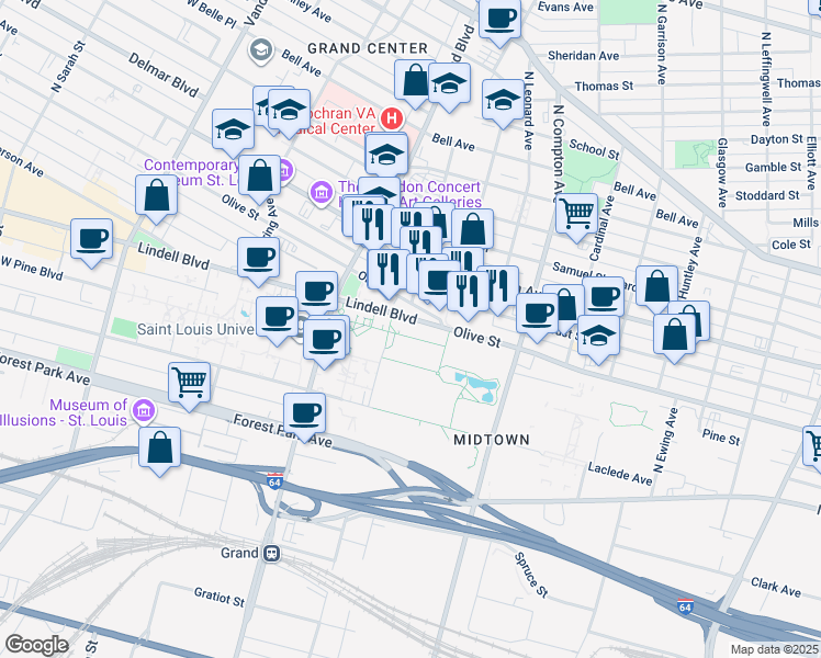 map of restaurants, bars, coffee shops, grocery stores, and more near 3420 Olive Street in St. Louis