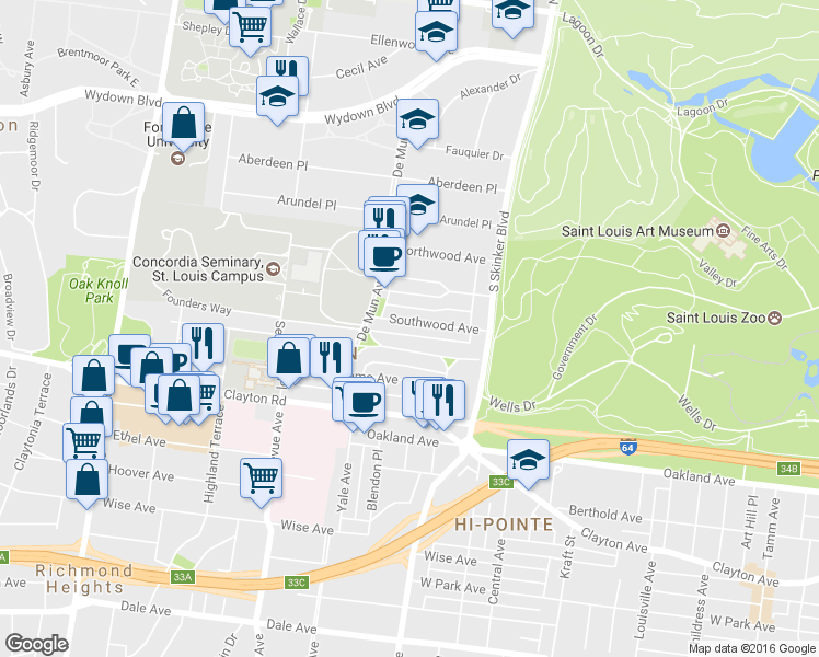 map of restaurants, bars, coffee shops, grocery stores, and more near 6337 Southwood Avenue in Clayton