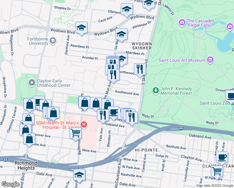 map of restaurants, bars, coffee shops, grocery stores, and more near 6337 Southwood Avenue in Clayton