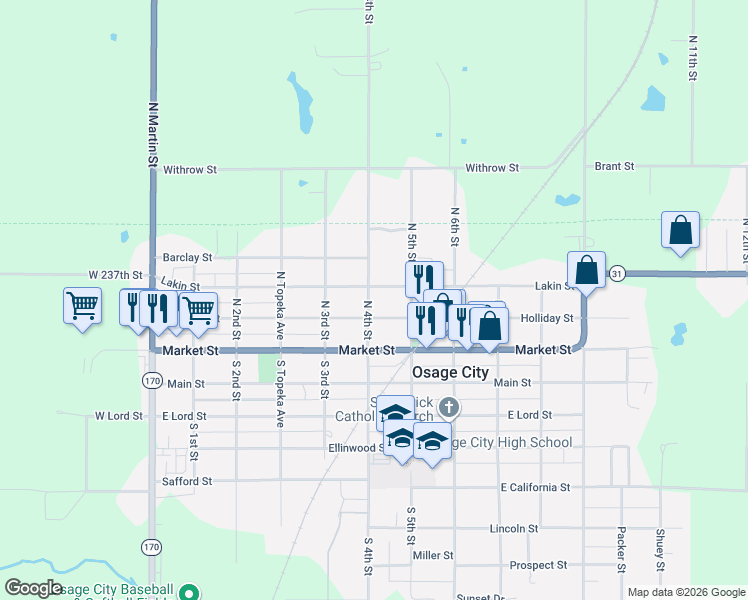 map of restaurants, bars, coffee shops, grocery stores, and more near 412 Lakin Street in Osage City