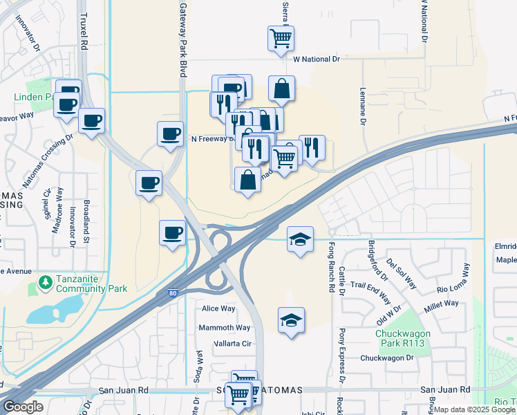map of restaurants, bars, coffee shops, grocery stores, and more near 180 Promenade Circle in Sacramento