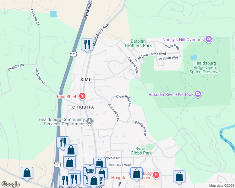 map of restaurants, bars, coffee shops, grocery stores, and more near 16040 Healdsburg Avenue in Healdsburg