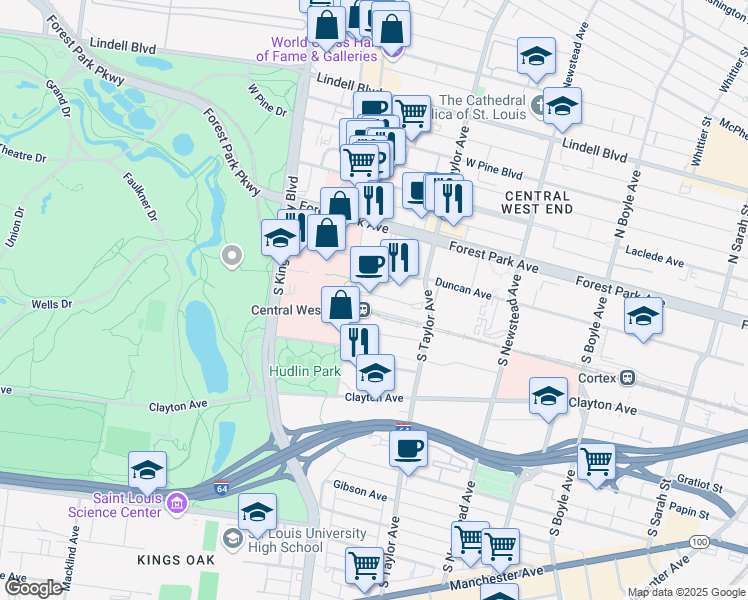 map of restaurants, bars, coffee shops, grocery stores, and more near 4570 Childrens Place in St. Louis