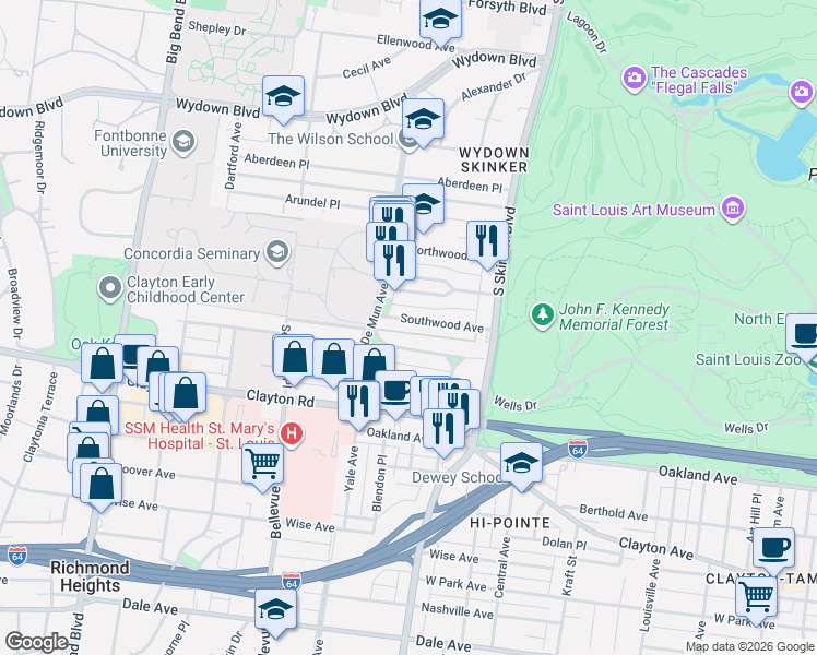 map of restaurants, bars, coffee shops, grocery stores, and more near 6337 Southwood Avenue in Clayton